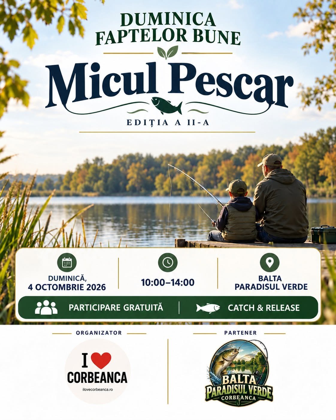 Afiș cu organizatorul I love Corbeanca și partenerul Balta Paradisul Verde.