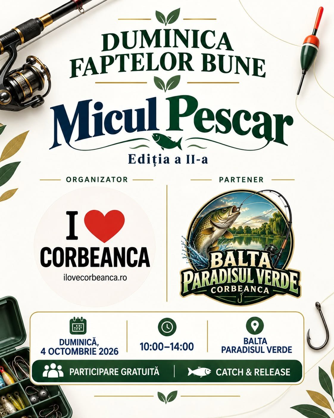 Afiș Micul Pescar, ediția a II-a, cu data, ora, locul, participare gratuită și catch and release.
