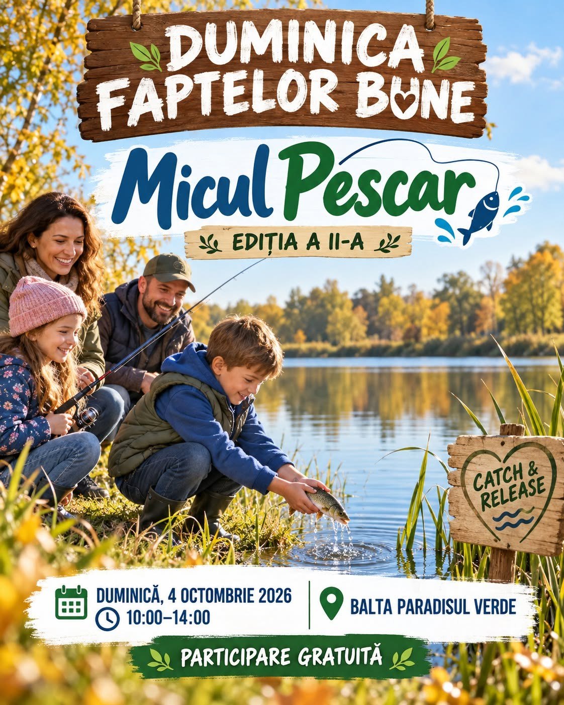 Afiș Micul Pescar, ediția a II-a: duminică, 4 octombrie 2026, 10:00–14:00, Balta Paradisul Verde, participare gratuită, catch and release.