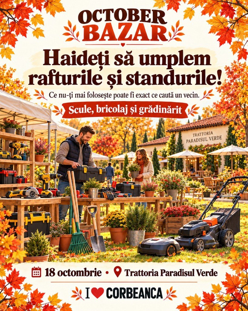 October Bazar: scule, bricolaj și grădinărit. 18 octombrie, Trattoria Paradisul Verde.