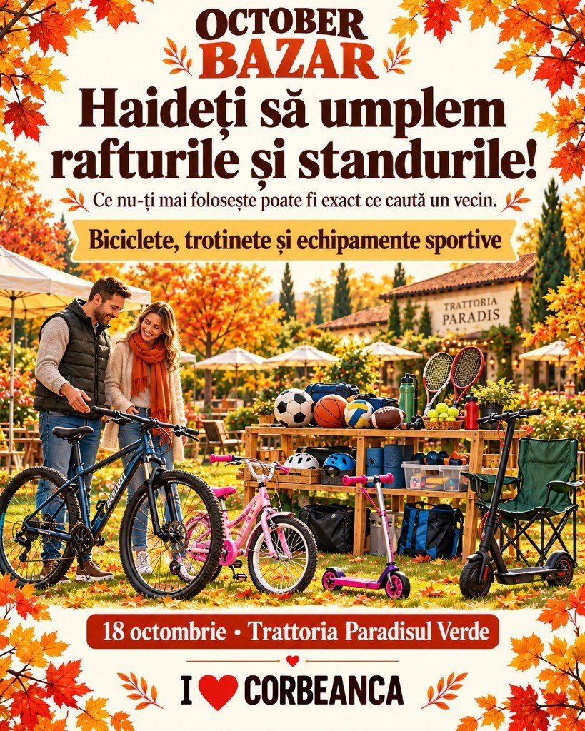 October Bazar: biciclete, trotinete și echipamente sportive. 18 octombrie, Trattoria Paradisul Verde.
