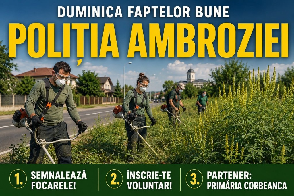 Afișul campaniei Poliția ambroziei: semnalează focarele, înscrie-te voluntar, partener Primăria Corbeanca.