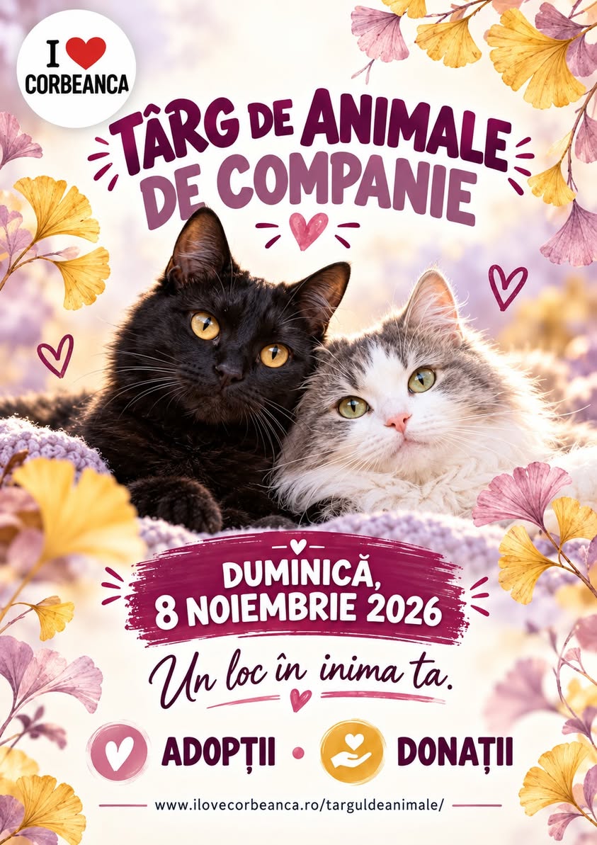 Afiș eveniment: adopții responsabile și donații pentru animale.